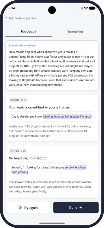 Verbaly feedback screen showing a stronger answer, specificity notes and structure notes with quotes from the response