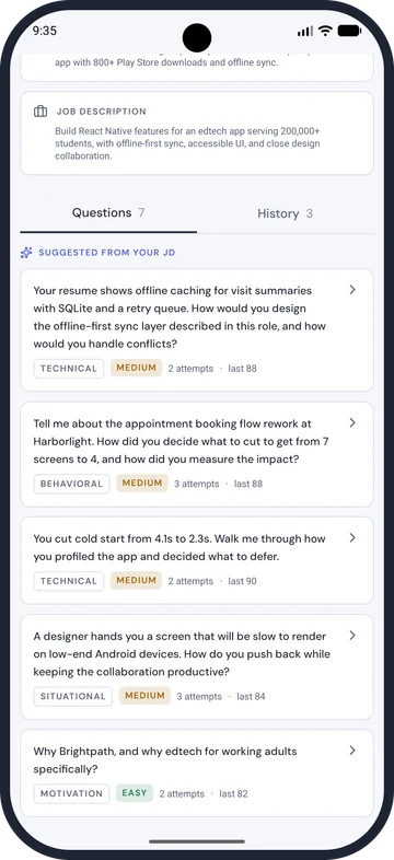 Verbaly question list generated from a pasted job description, tagged behavioral, technical and situational