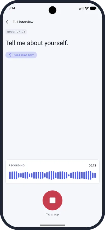 Answering an interview question by voice in Verbaly, with a live waveform and recording timer