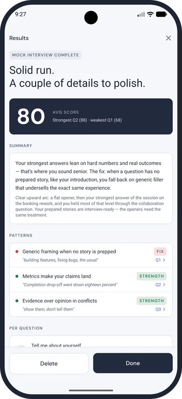 Verbaly mock interview report showing an average score, a written summary and recurring patterns