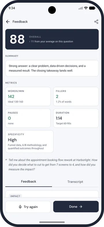 Verbaly scorecard for a single answer showing words per minute, filler words, pauses and specificity