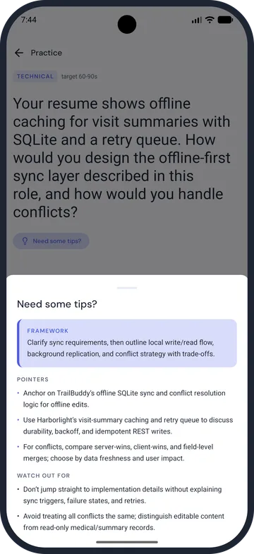Verbaly tips panel for an interview question, which can be switched off for a no-help run